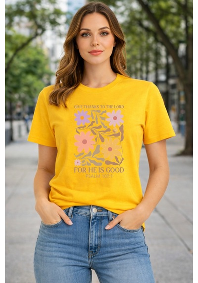 Herkesemoda For He Is Good Baskı Detaylı Basic T-shırt Sarı