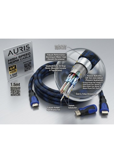 Auris Ars-hdmı01 4k Hdr High Speed Örgülü Hdmı Kablo 1.5 Metre - Lisinya