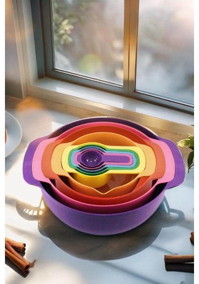 Flora Easy Mix Karıştırma Kabı Seti 9 Parça- Ölçü Kaşığı Ve Süzgeçli Hazırlık Set Mor Çok Renkli