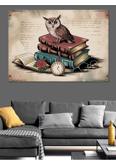 Kitap Üstünde Bilge Baykuş Dekoratif Kanvas - Mdf Ahşap Tablo