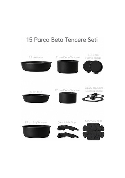 Porsima Perotti 25 Parça Mutfak Seti - 15 Parça İndüksiyonlu Seramik Kaplama Tencere Tava Seti - 10 Parça Pasta Ve Tatlı Servis Seti Siyah