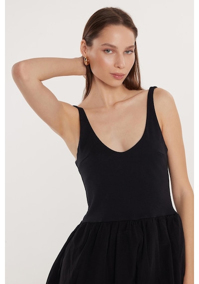 Tudors Kadın Slim Fit Dar Kesim İnce Askılı Balon Etek Siyah Elbise-33535 Siyah