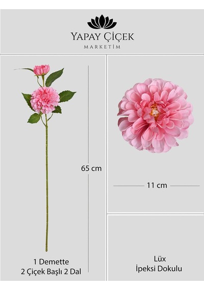 Pembe Yapay Dahlia Yıldız Çiçeği 2 Dallı Lüx İpeksi Dokulu 65 Cm