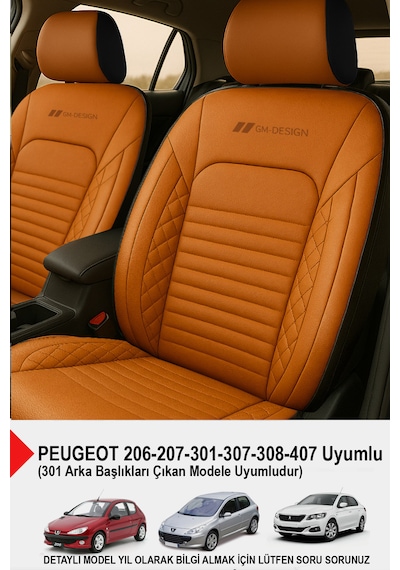 İstanbul Serisi Deri Oto Koltuk Kılıfı Peugeot 206-207-208-306-307-407- Uyumlu Taba