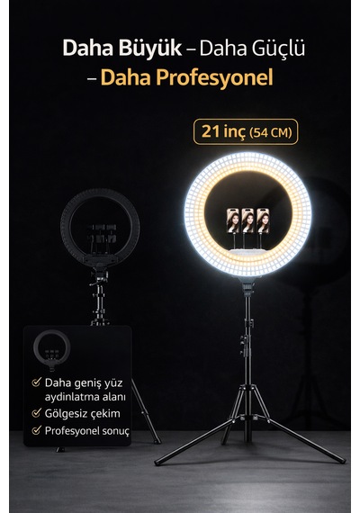 Ring Light Led Işık Halkası 21 Inç 54 Cm Profesyonel Stüdyo Işığı Ve 210 Cm Döküm Ayak Kumanda Çanta Siyah