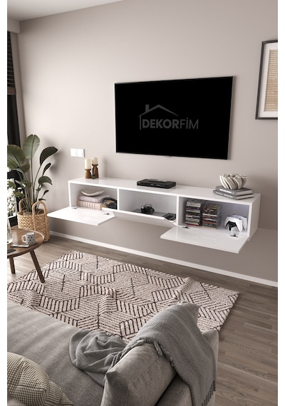 Df17103 Dolaplı Duvara Monte Tv Ünitesi 180 Cm Modern Askılı Dekoratif Stil Tv Sehpası Beyaz