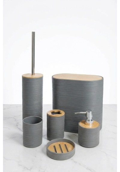 Makri Home 6 Parça Bambu Kapaklı Banyo Seti, Gri, Oval, Hacim: 8 Litre Gri