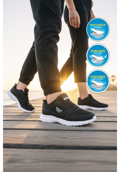 Walkway Siyah Beyaz Fileli Hafif Bağcıklı Esnek Unisex Spor Ayakkabı 020 G Siyah - Beyaz