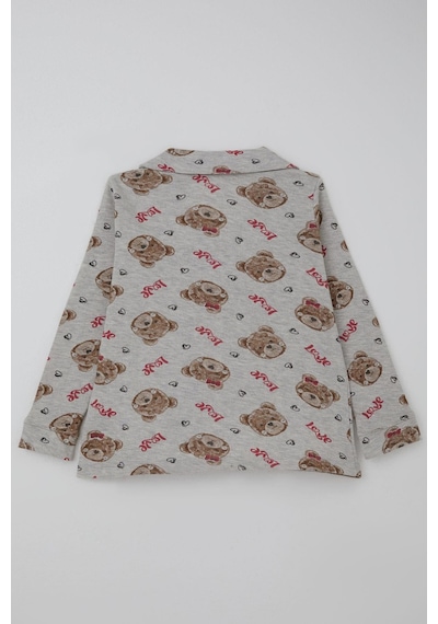 Breeze Kız Çocuk Pijama Takımı Sevimli Fiyonklu Ayıcık Desenli 7-11 Yaş, Açık Gri Melanj