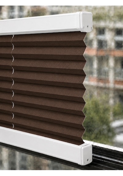 Plise Perde Kahverenk Kumaş + Beyaz Profil Kasa Cam Balkon Perdesi