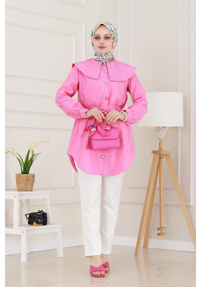 Sevitli Beli Bağcık Detaylı Geniş Yaka Tunik-pembe-4993 Pembe