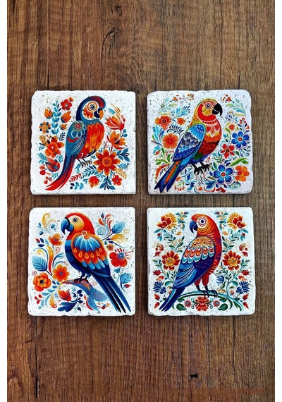 Doğal Taş Bardak Altlığı 4'lü Set 10x10x1 Cm Renkli Papağan Desenleri -stone Coasters Çok Renkli
