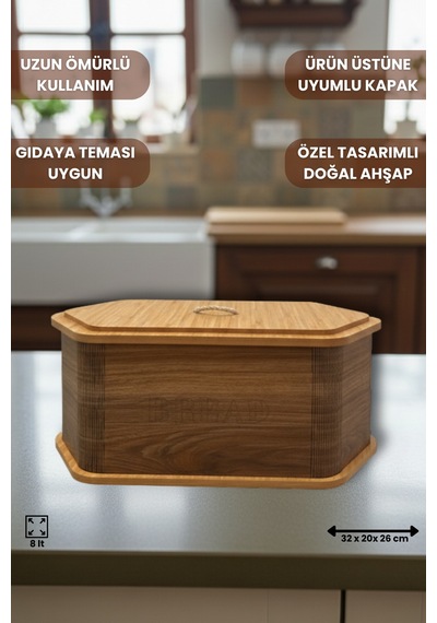 Geleneksel Tasarım Kapaklı Büyük Ekmeklik Altıgen Ahşap Ekmek Sepeti Kemençe Desenli Çok Renkli