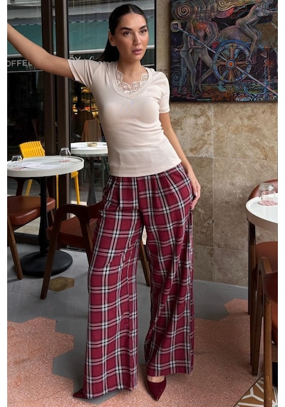 Madmext Bordo Kare Desenli Rahat Kesim Pantolon Mg2728