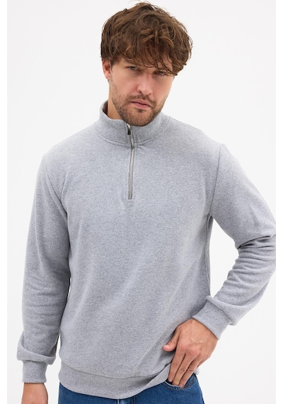 Mmetalic Erkek Gri Standart Fit Normal Kesim Pamuklu Yarım Fermuarlı Dik Yaka Pamuklu Sweatshirt Gri