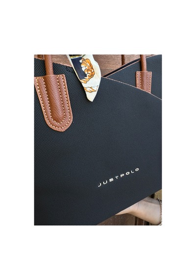 Just Polo Kadın Büyük Boy Şal Detaylı Günlük Kullanıma Uygun Yavrulu Lüks Tasarım El & Omuz Çantası Shopper Siyah - Taba