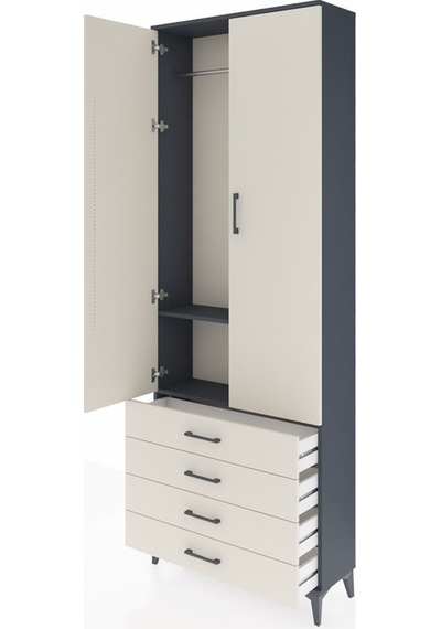 Arges Dolap 2 Raflı 4 Çekmeceli Tek Askılı 88x30x243 Antrasit-aytaşı Antrasit