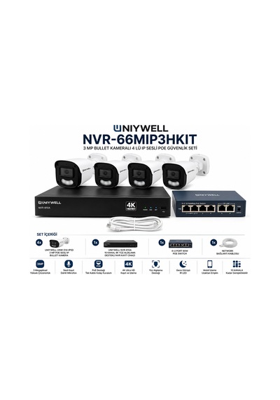 Uniywell Nvr-66mıp3hkıt 3 Mp Bullet Kameralı 4 Lü Ip Sesli Poe Güvenlik Seti
