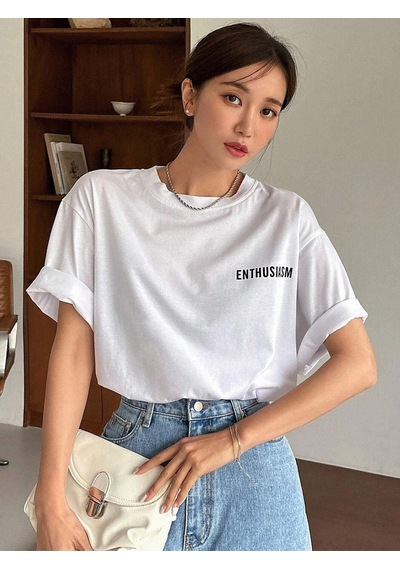 Unisex Beyaz Oversize Enthusiasm Baskılı Örme T-shirt Beyaz