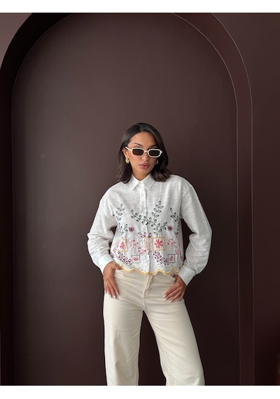 Verymoda Nakışlı Kadın Gömlek Boho, Şık - F1937 Sarı Dsn2