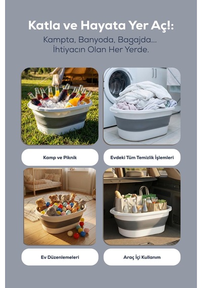 Lexroo Coverest 38 Litre Katlanabilir Silikon Çamaşır Sepeti Akor Gri