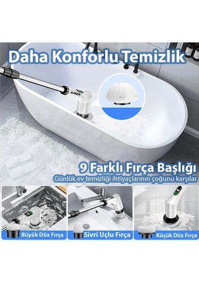 Şarjlı Döner Başlıklı Temizleme Fırçası Ovma Fırçası Saplı Temizlik Fırçası Lavabo Yağ Çözücü