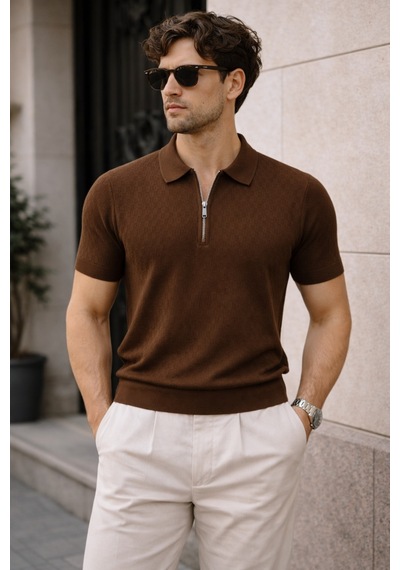 Cool Tarz Erkek Fermuarlı Polo Yaka Triko Tişört Slim Fit Dokulu Yazlık Şık Casual Kahverengi Kahverengi Cool Tarz Erkek Fermuarlı Polo Yaka Triko Tişört Slim Fit Dokulu Yazlık Şık Casual Kahverengi Kahverengi