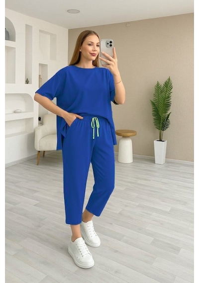 Efnaz Style Kadın Kısa Kollu Bisiklet Yaka Viskon Iki Iplik Bluz Ve Pantolon Ikili Takım Saksmavi