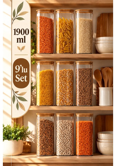 Porsima 7-3 Bambu Vakumlu Kapaklı Kare Borsilikat Cam 9lu Kavanoz Seti Saklama Kabı 1900ml 9,5x27cm Ahşap - Beyaz
