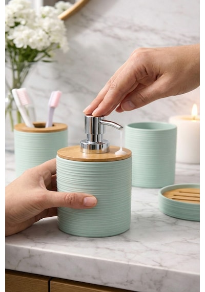 Makri Home 6 Parça Su Yeşili Banyo Seti, Bambu Detaylı, 8l Çöp Kovası 24x26x16 Cm Mint Yeşili