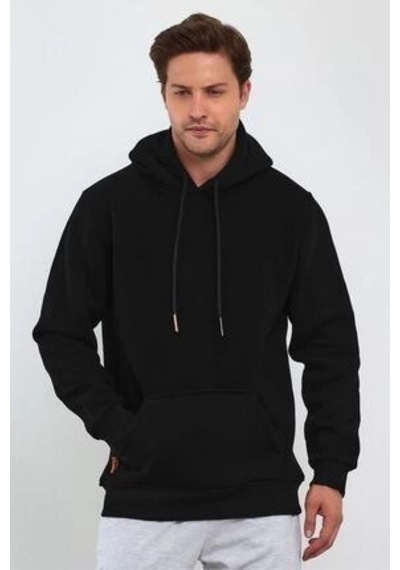 Ertaştrendstore Erkek 3 İplik Pamuklu Kapüşonlu Cepli Oversize Hoodie Sweatshirt - Siyah Çok Renk