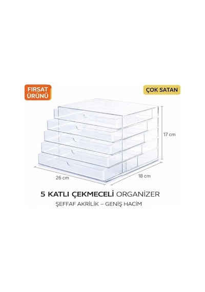 Akrilik Kozmetik Organizer,5 Çekmeceli Çok Amaçlı Düzenleyici Makyaj,takı,kırtasiye ,25x18cm Şeffaf