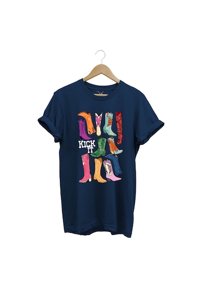 Unisex Cowgirl Kovboy Çizme Baskılı %100 Pamuk Regular Fit Bisiklet Yaka Lacivert T-shirt Lacivert