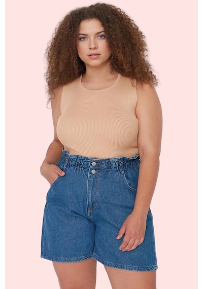 Ersefa Kadın Pamuklu Denim Şort Beli Lastikli Geniş Paça Yazlık Günlük K mavi