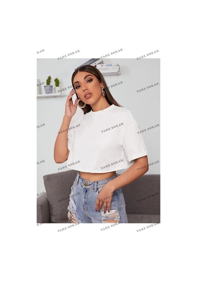 Tarzsokak Kadın Beyaz Bisiklet Yaka Oversize Crop