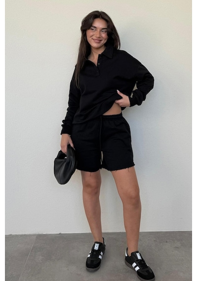 Madmext Siyah Polo Yaka Kadın Şort Sweatshirt Takım Mg2375