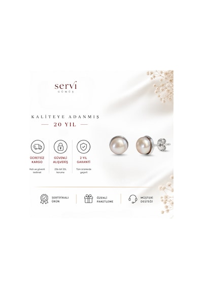 Servi 925 Ayar Gümüş Gümüş Çerçeveli İnci Küpe-504