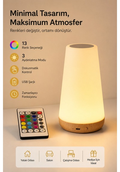 Rgb Dokunmatik Led Masa Lambası Kumandalı, Usb Şarjlı, 1500 Mah, Renk Değiştiren Gece Lambası Çok Renkli