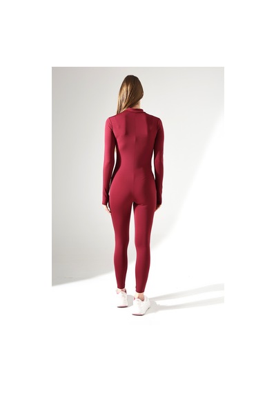 Winmoda34 Kadın Dalgıç Tulum Uzun Kollu Parmak Geçirme Detaylı Spor Tulumu Bordo