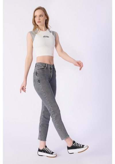 Claudia Mom Kalıp Düz Denim Pantolon-gri Gri