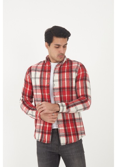 Mcz Giyim Erkek Uzun Kollu Slim Fit Dar Kesim Gömlek Yaka Dokuma Kırmızı Oduncu Gömlek
