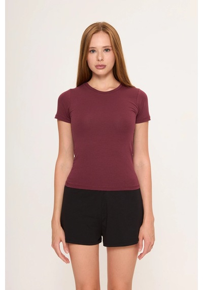 Zoor Ultra Soft Penye Modal Yuvarlak Yaka Kısa Kollu Bluz Bordo