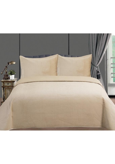 Toskana Çift Kişilik Lüks Kadife Yatak Örtüsü Bej Bej