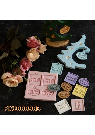 Pk1000903 - Silikon Kalıp Mum Kalıbı - 4'lü Mutlu Yıllar Minik Etiket Renksiz