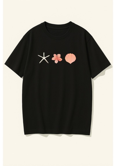 Uyguntarz Unisex İstiridye Kabuk Tasarım Basklı Tshirt Siyah