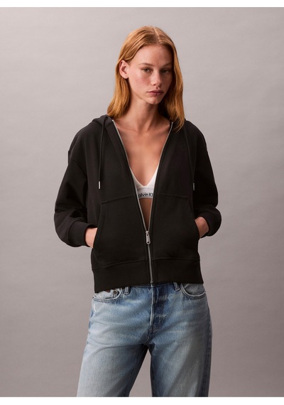 Calvin Klein Kadın Regular Fit Fermuarlı Kapüşonlu Sweatshirt - Siyah Black