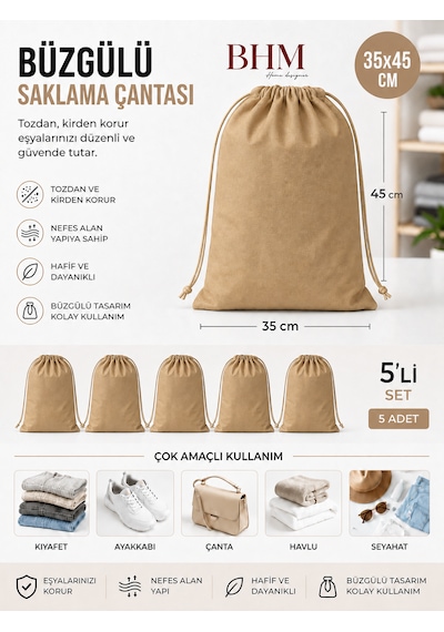 5'li Büzgülü Saklama Çantası 35x45 Cm Nefes Alan Ayakkabı Kılıfı Toz Koruyucu Organizer Bej