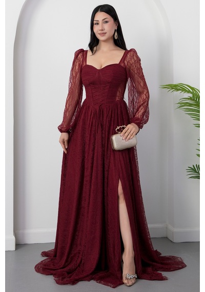 Kalopya Kalp Yaka Uzun Kol Dantel Elbise Ecr5733 Bordo