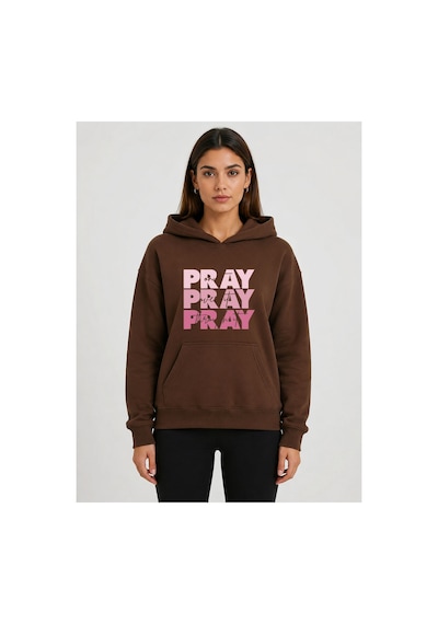 Herkesemoda Pray Baskılı Kapüşonlu 2 İplik Şardonlu Sweatshirt Kahverengi