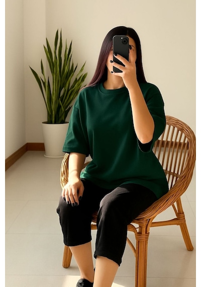 Düz Oversize Unisex Tişört Yb6 Yeşil
